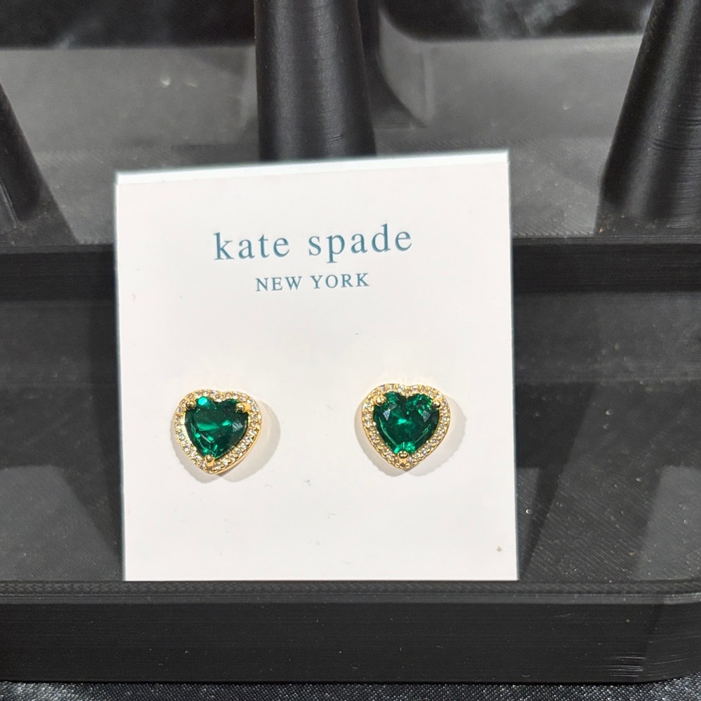 kate spade gold-tone earrings with green heart crystals
